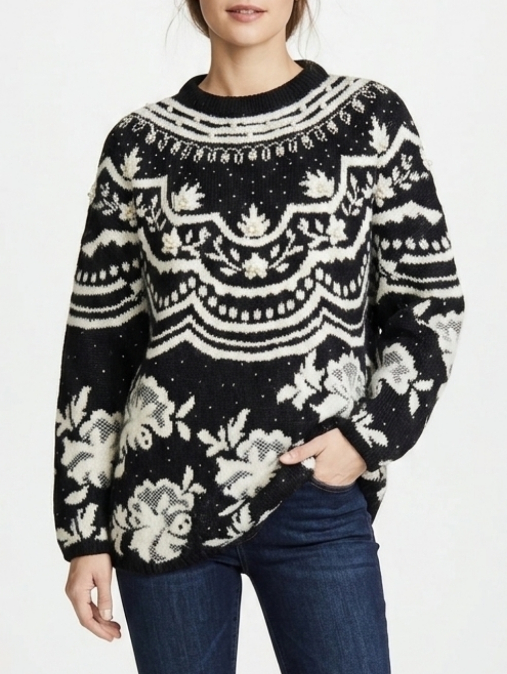 Vintage Knit Crewneck Sweater With Pearls
